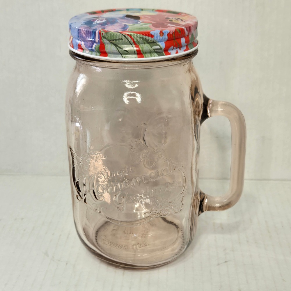 Pioneer Woman Pink Glass Mason Jar Mug w Lid 32 oz Handled Butterfly Floral